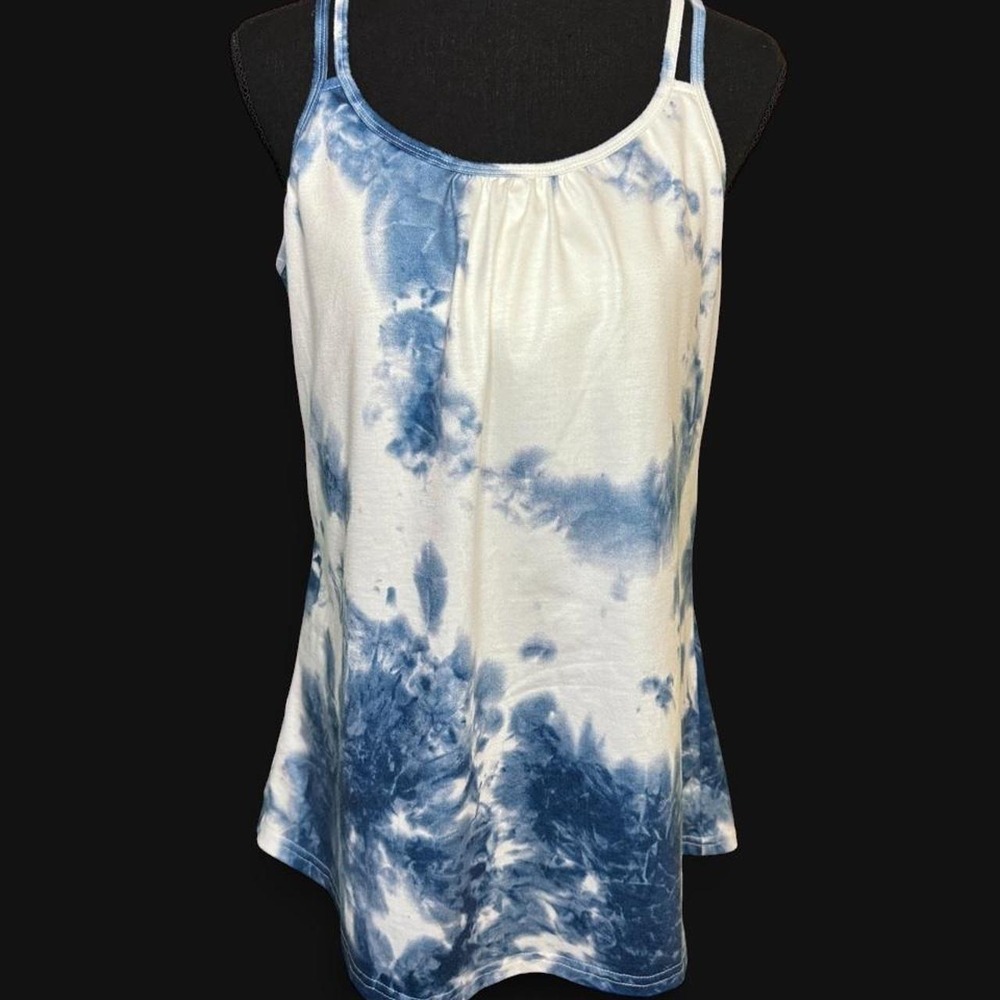 Hibelle Blue White Tie Dye Racerback Tank Top with Built In Shelf Bra Large
